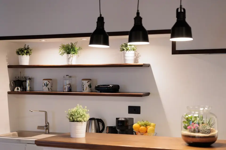 Wooden shelves with plants, jars and the coffee machine above the kitchen worktop.