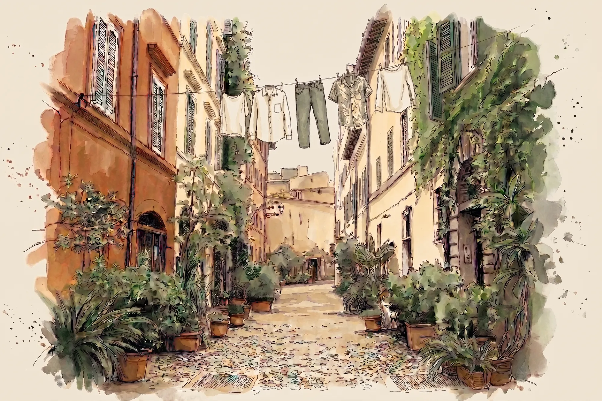 Illustration of a Trastevere lane with laundry hanging between the windows.